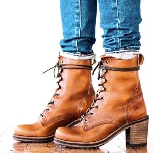 Frye Karen Cognac Leather Combat Lace Up Combat Wood Block Heel Ankle Boots 9.5